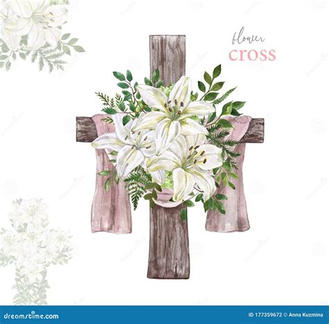 Easter Floral Cross Illustration. Watercolor Rustic Wooden Cross Wreath ...