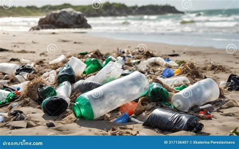 Beach Is Littered With Plastic Bottles And Bags Stock Image Image Of