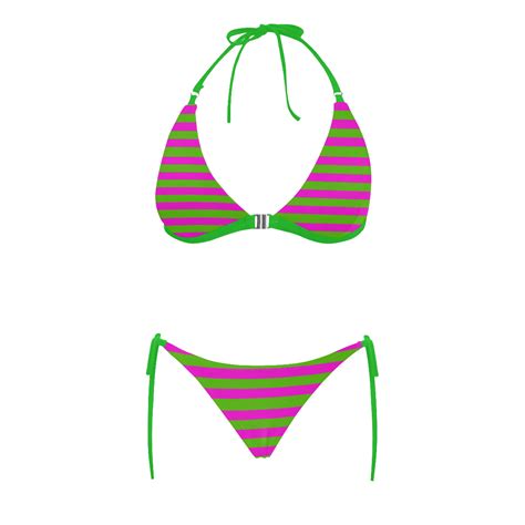 Pink Green Stripes Green Buckle Front Halter Bikini Swimsuit Model S