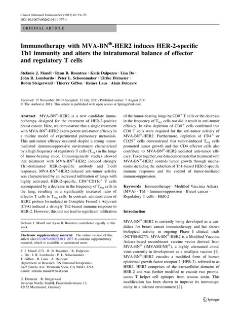 Pdf Immunotherapy With Mva Bn R Her2 Induces Her 2 Specific Th1