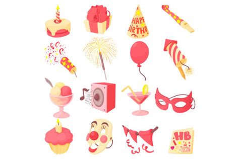 Happy Birthday Icons Set Cartoon Style Graphic By Ylivdesign