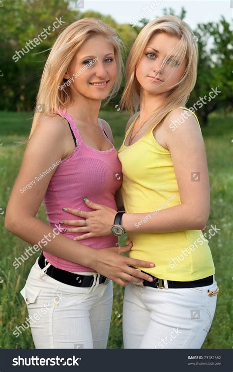 Portrait Two Smiling Pretty Blonde Outdoors Stock Photo Shutterstock