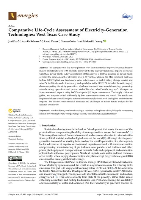 Pdf Comparative Life Cycle Assessment Of Electricity Generation Technologies West Texas Case