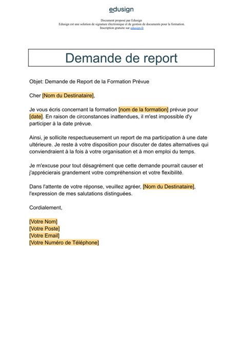 Demande de report Modèle de mail ou de lettre gratuit Edusign