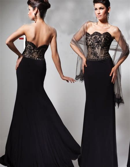 Formal Mermaid Strapless Scalloped Long Black Lace Chiffon Beaded