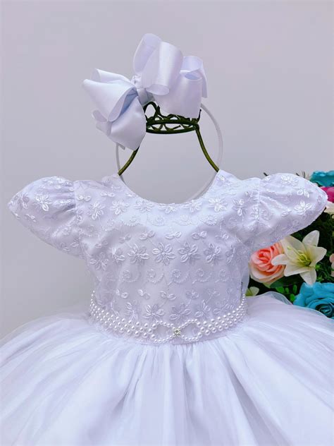 Vestido Infantil Bebê Branco Renda Busto Batizado Elo7