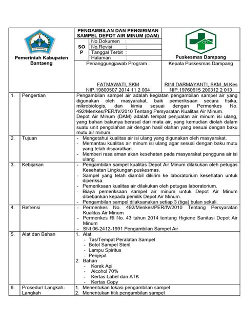 Sop Pengambilan Sampel Air Depot Air Minum Pdf
