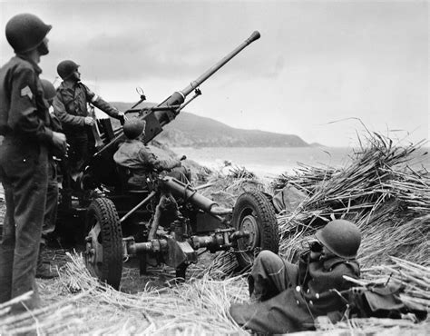 Swedish Bofors 40mm Anti Aircraft Gun Mounted Overlooking A Beach In