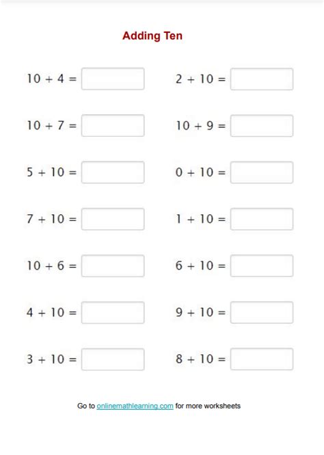 Adding Ten Worksheets First Grade Printable