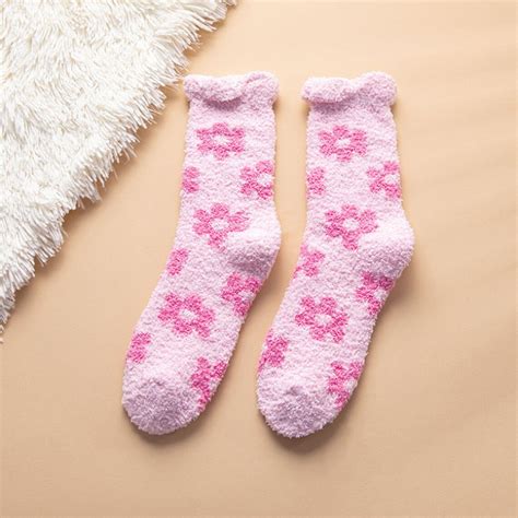 Cute Floral Fuzzy Socks Flower Pattern Crew Socks Fuzzy Bed Etsy