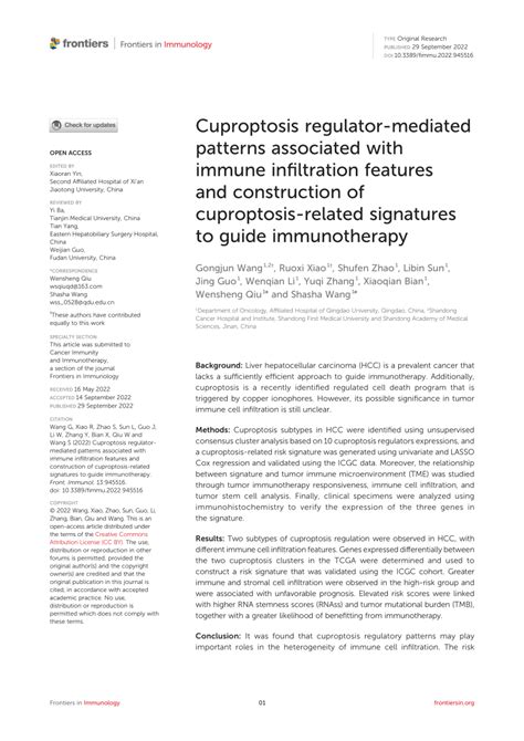 Pdf Cuproptosis Regulator Mediated Patterns Associated With Immune