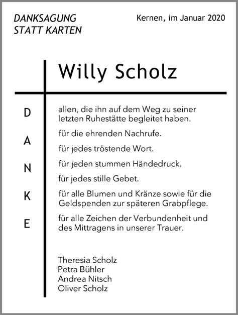 Traueranzeigen Von Willy Scholz ZVW Trauer