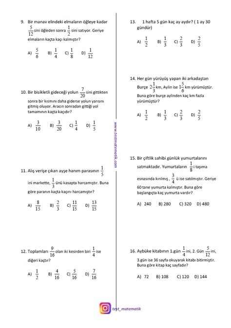 Sinif Kes R Problemler Test Matematik