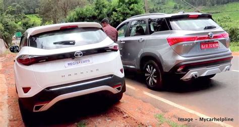 Tata Harrier Mg Hector Front And Rear Compared Parked Side By Side