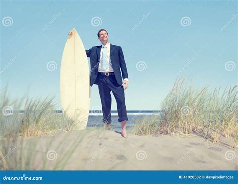 Businessman With Surfboard Standing By The Beach Stock Photo Image Of