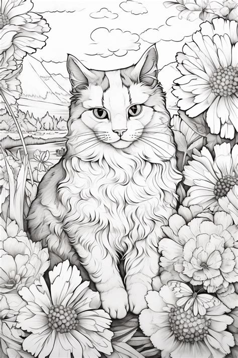 Cats And Sunflowers Free Coloring Page In Cat Coloring Book