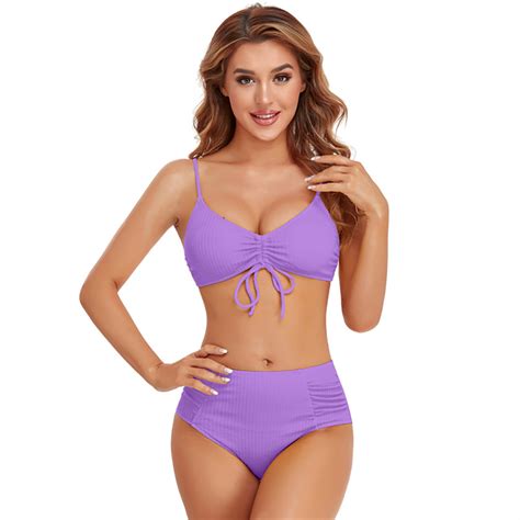 New Product Split High Waist Bikini Solid Color Drawstring Swimwear