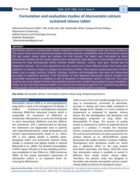 Pdf Formulation And Evaluation Studies Of Atorvastatin Calcium