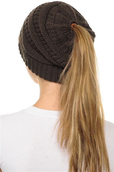 C C Beanietail Soft Stretch Cable Knit Messy High Bun Ponytail Beanie