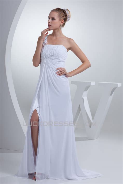 Brush Sweep Train Beading Chiffon Silk Like Satin One Shoulder Wedding