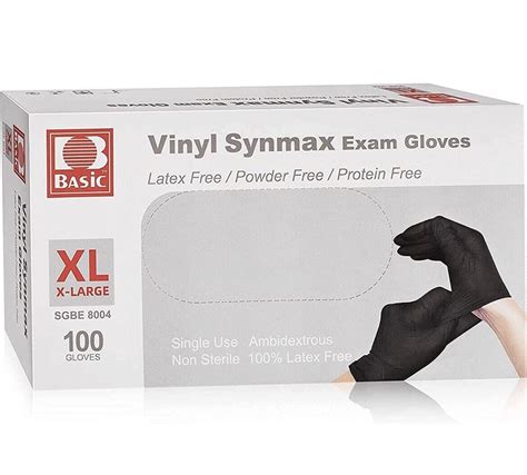 Basic Vinyl Synmax Exam Gloves Latex Freesize Xl 100 Count Black Color