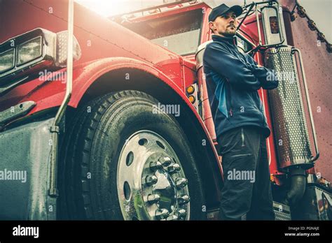 American Trucker Proud Semi Truck Driver In Front Of His Awesome