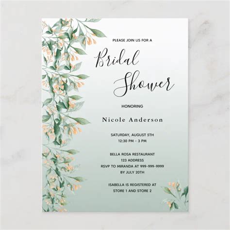 Sage Green Golden Floral Bridal Shower Invitation Postcard Zazzle