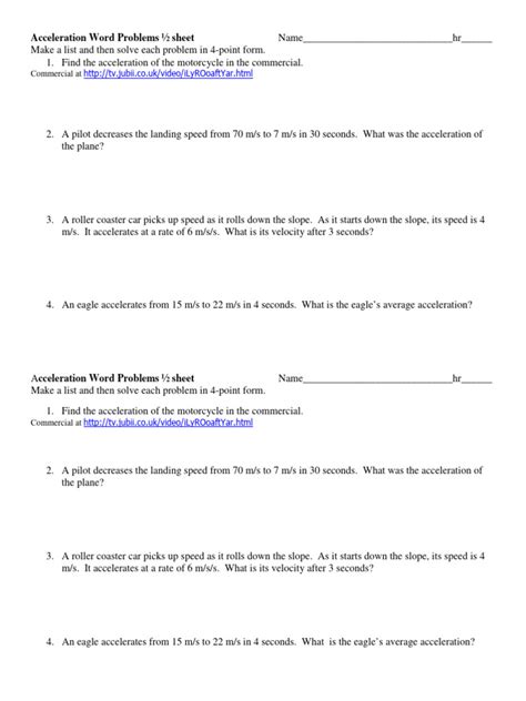 Acceleration Word Problems Half Sheet Pdf