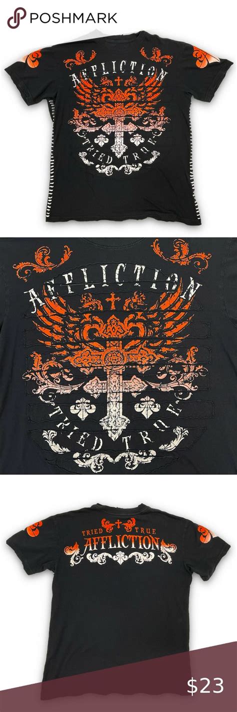 Affliction Black Tshirt Cross Wings Applique Side Stitching Size Medium