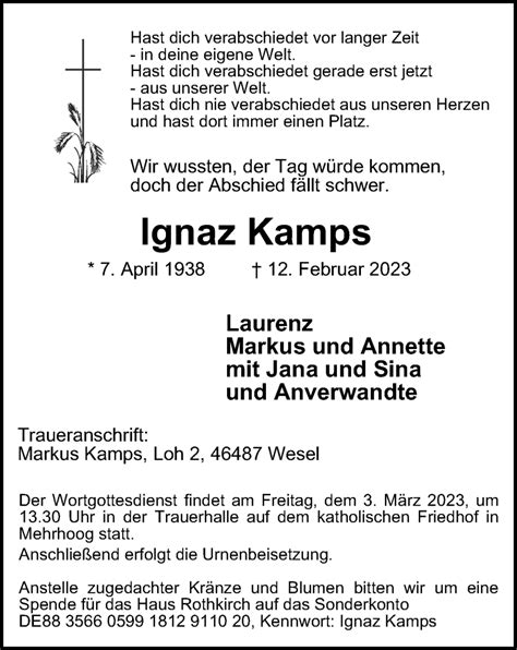 Traueranzeigen Von Ignaz Kamps Trauer In Nrw De