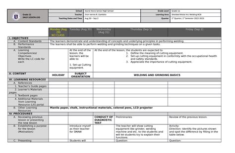 Smaw Q W Sample Lesson Plan Grade Daily Lesson Log School