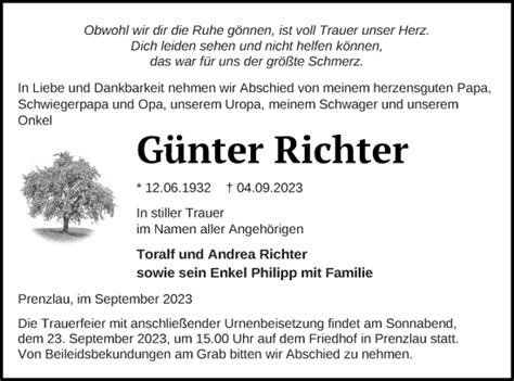 Traueranzeigen Von G Nter Richter Trauer Nordkurier