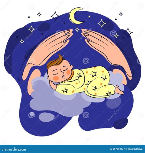 Cute Sleeping Baby In Pajamas On Clouds With Mother S Hands Above Him