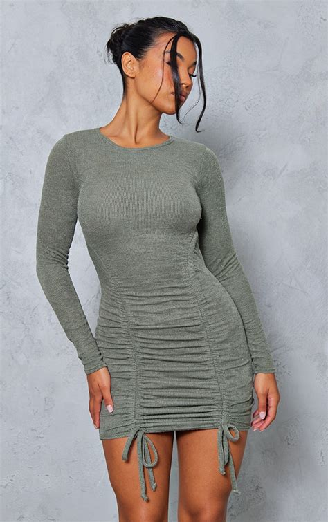 Khaki Rib Double Ruched Long Sleeve Bodycon Dress Prettylittlething