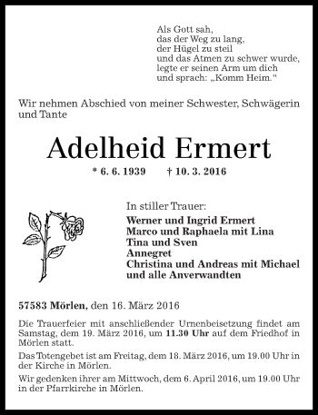 Traueranzeigen Von Adelheid Ermert Rz Trauer De