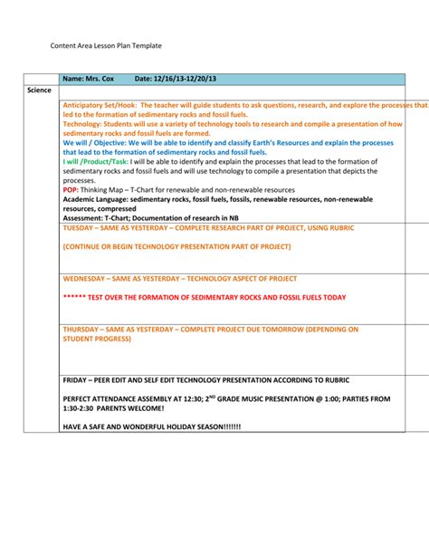 Content Area Lesson Plan Template Name Mrs Cox Date 121613