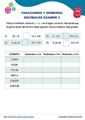 Fracciones Y N Meros Decimales Examen Pruebas Math Center