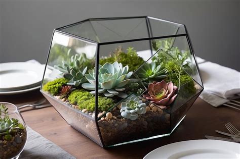 Geometric Terrarium Centerpiece On A Dining Table Premium Ai