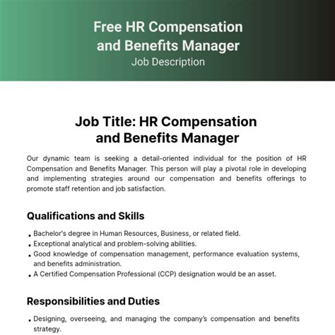 Free Human Resources Hr Compensation And Benefits Job Description