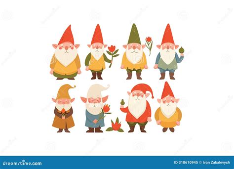 Collection Of Cartoon Garden Gnomes Vector Illustration Design Stock