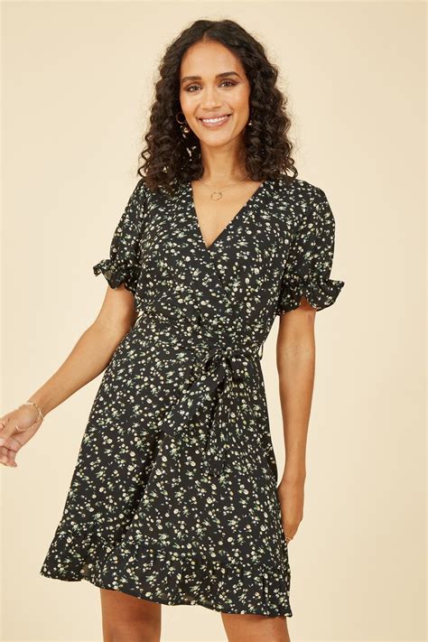 Mela Black Ditsy Print Wrap Dress With Frill Details Mela