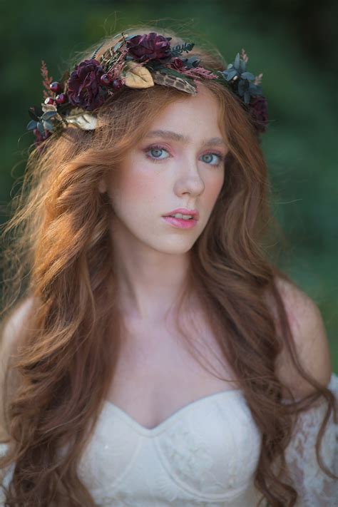 Autumn Flower Hair Wreath Burgundy Headpiece Fall Wedding Etsy