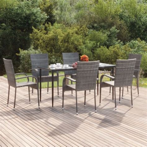 VidaXL 7 Piece Patio Dining Set Gray Poly Rattan 63 X31 5 X29 1