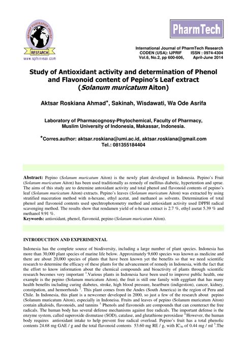 Pdf Study Of Antioxidant Activity And Determination Of Phenol And