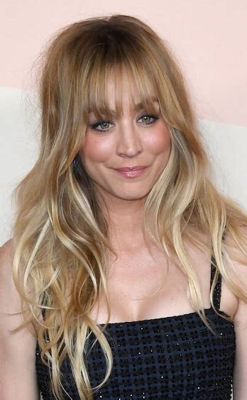 Kaley Cuocos Long Curled Hairstylepeek A Boo Bangs Hbo Maxs The