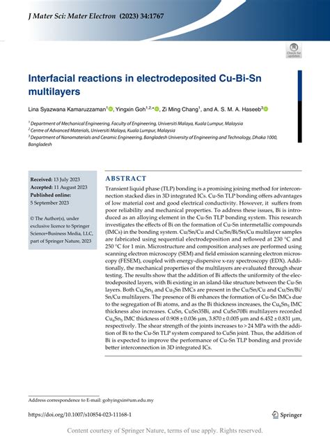 Interfacial Reactions In Electrodeposited Cu Bi Sn Multilayers