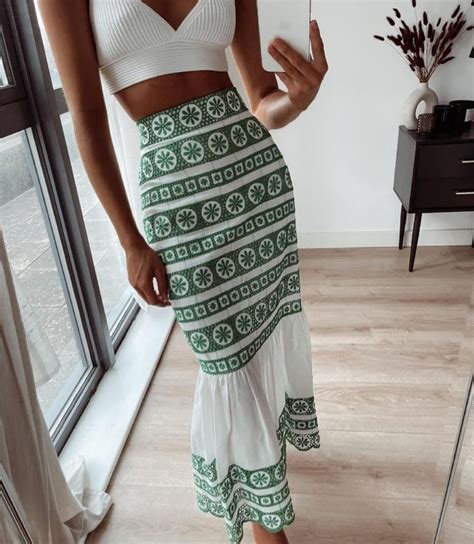 Women High Waist Midi Skirts Bohemian Floral Striped Print Ruffle