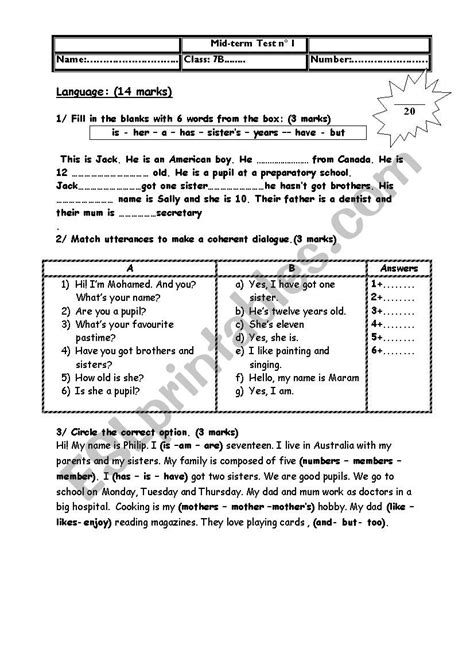 Mid Term Test N Th Form Esl Worksheet By Sondoussa