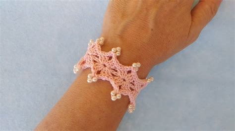 Bracciale Con Perle Ad Uncinetto Crochet Bracelet Pearl Brazalete