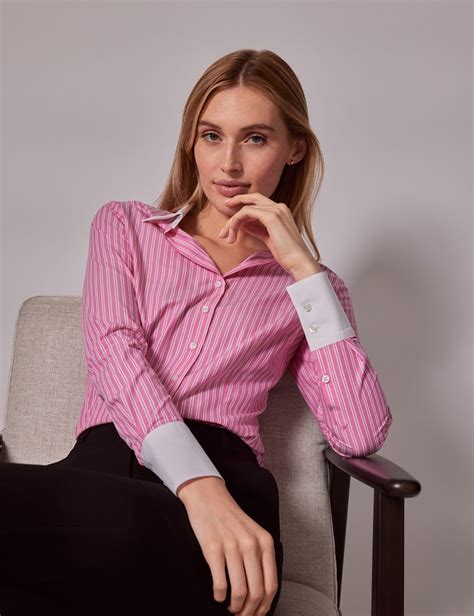 Women S Executive Pink Stripe Fitted Shirt White Collar And Cuffs